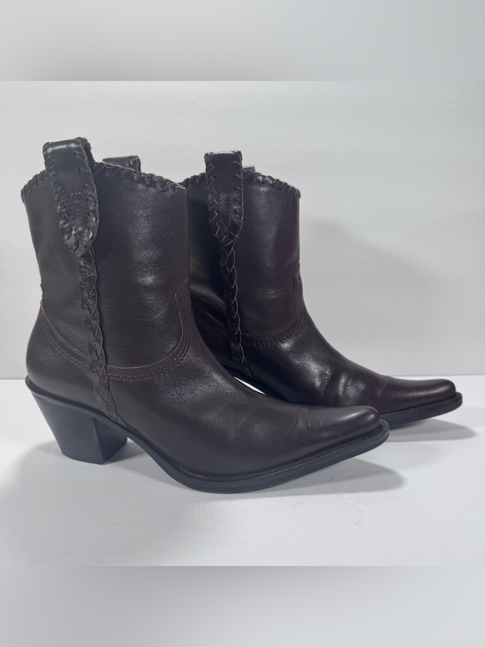 Franco Sarto Levee Brown Leather Western Ankle Boots Coastal Cowgirl Size 5.5